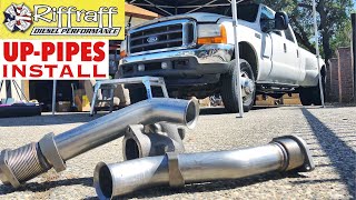 2001 F350 73  RiffRaff UpPipes Install  Stock up pipes leaking and falling apart JUNK SP [upl. by Arocat]